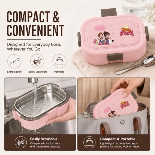 Image of Stainless Steel Lunch Box | Tiffin Box for School Office College | Lunch Box with Spoon & Small Container (Pink 1 Brunch Box)