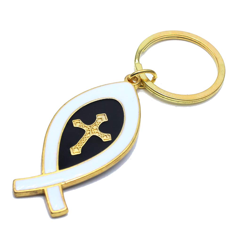 BingxueTwo-sided Cross Jesus Christ Key Buckle Church Souvenirs Brief Israel Fish Shape Key Ring Chain Religious Ornaments,necklaces,White + Gold: C(5.5 * 2.5cm)