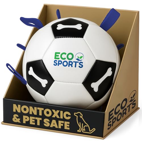 Eco Sports Big Dog Soccer Ball with Straps Non Toxic Interactive Durable Dog Soccer Ball with Cotton Grab Tabs for Fetch Training and Outdoor Play Big Size Pets and Dogs Blue