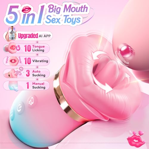 Image of Vibrator Adult Sex Toys for Women - Sovokn 5IN1 Mouth Sucking Vibrator Rose Sex Toy, 10 Tongue Licking, 3 Auto & 1 Manual Sucking Adult Toys New APP, Anal Clit Nipple Vibrators Female Couples Sex Toys