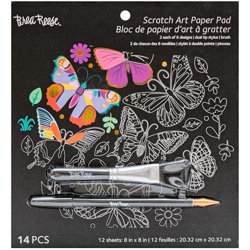 Brea Reese: Scratch Art Paper Pad - Butterfly - 12 Sheets 6 Guided Nature Designs Metallic Accents Dual-Tip Stylus & Brush 8x8 Pages Adult Craft