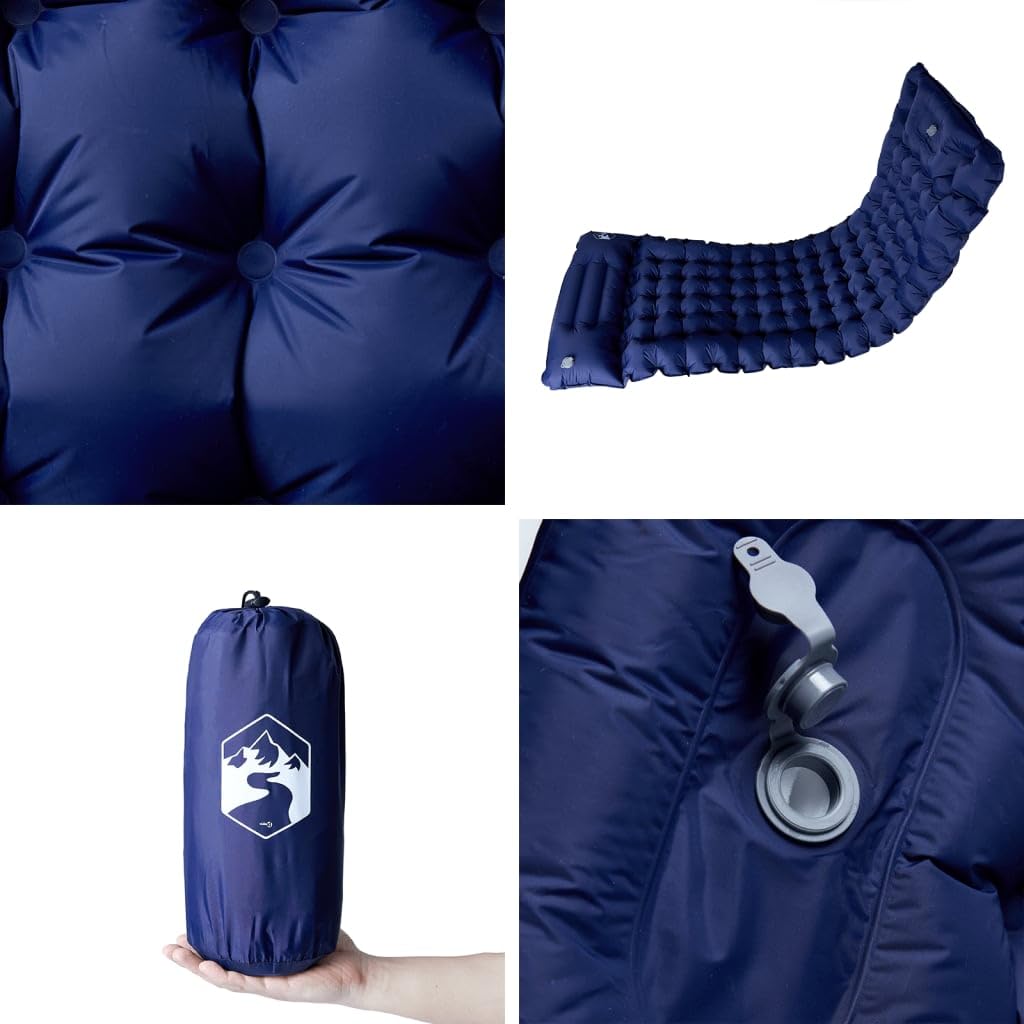 Selbstaufblasende Isomatte mit Kissen Marineblau 200x75x10,5 cm leicht faltbar für Camping, Wandern, Trekking und Outdoor Reisen mit integrierter Fußpumpe und Reparaturset