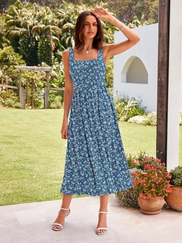 Image of Sureple Midi Dresses for Women 2026 Spring Square Neck Tank Sleeveless A Line Casual Summer Sundresses with Pockets
