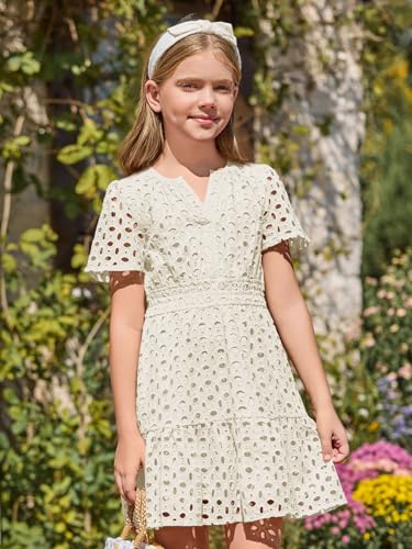 Haloumoning Girls Summer Dresses Kids V Neck A Line Hollow Out Party Mini Dress for 5-14 Years3