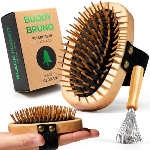 Hundebürste Unterwolle für Langhaar - 100% Naturborsten - Made in Germany - sanfte Unterfellbürste zum Entfilzen & Glätten ohne Ziepen - geölter FSC® Holzgriff + extra Bürstenreiniger