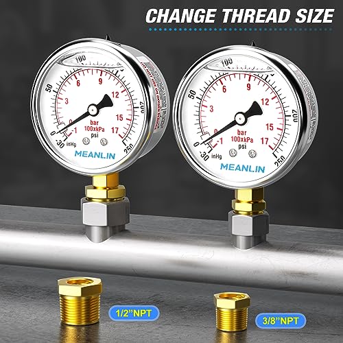 Image of MEANLIN MEASURE -30inHG~250Psi Stainless Steel 1 /4 inch NPT 2.5 inch FACE DIAL Vacuum Pressure Gauge, Lower Mount, with 1 /2 inch NPT and 3 /8 inch NPT Hex Bushing