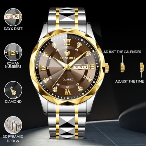 Image of LONGBO Zenith Diamond Analog Watch for Men Business Stainless Steel Watches Luxury Men's Wristwatch | Birthday Gift for Men | Gift for Husband | Gift for Brother