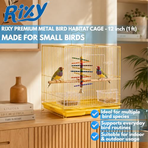 Image of Rixy Metal Bird Cage - 12 inch (1 feet) | Free Hanging Toy (1) | Habitat Cage with Perch (1) + Food & Water Feeder Cups (2) for Budgies, Lovebirds, Finches, Canaries & Baby Chicks (Colour May Vary)