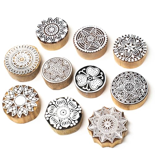 Image of Hashcart Wooden Indian Traditional Design Printing Stamps / Blocks for Printing Saree Border / Dresses / Craft Card Making / Scrapbook / Clay Pottery (Set of 10)
