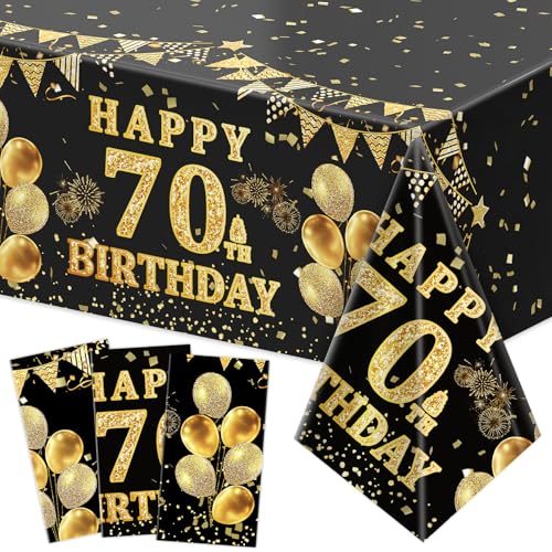 Image of Labeol 3 Pack 70th Birthday Tablecloth, Black and Gold Happy 70th Birthday Decorations, Disposable Plastic Rectangular Table Cover Party Supplies for Men Women