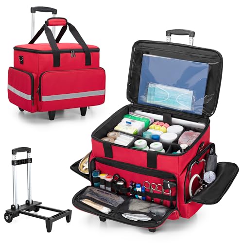 Image of CURMIO Rolling Medical Bag with Wheels, First Aid Kits Case with Removable Dividers, Empty Emergency Response Supplies Bag for Home Health Nurses, Doctors, EMT, EMS Professionals, Red