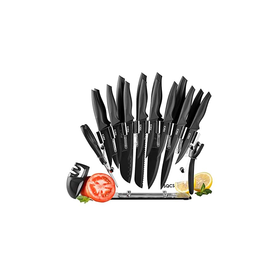 Rainbow Knife Set 18 Pcs Kitchen Knives Set Sharp Stainless Steel Knife Sets Contain 8 Steak Knives Sharpener Peeler Clear Acrylic Stand Beautiful Knife Best Gift (Black 18PCS Set)