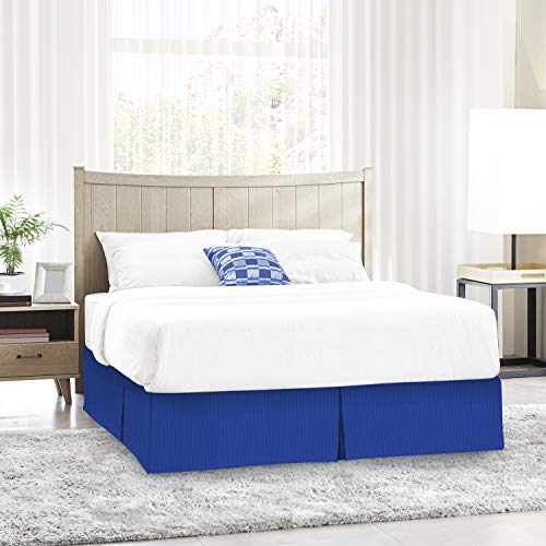 Image of Nestl King Bed Skirt - Damask Dobby Stripe Wrap Around Bed Skirt King Size - Double Brushed Microfiber 14 in Tailored Drop Pleated Bed Ruffle with Bed Skirt Pins - Royal Blue