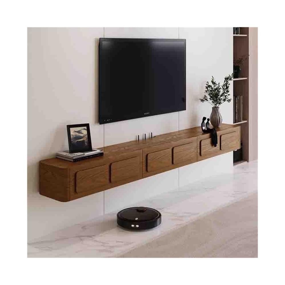 Supporto TV galleggiante montato a parete Mobile TV sospeso a parete, console TV sospeso vintage in legno con anta ribaltabile e cassetti portaoggetti, supporto TV stretto a parete salvaspazio Mensola