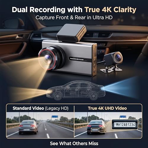 Image of Lenovo T4-B2V 4K 2 Channel Dash Camera for Cars, 4K Front + 1080P Rear, WiFi App Control, Voice Control, 3 inch IPS Display, ADAS, BSD, Night Vision, Loop Recording, Parking Monitor, G-Sensor