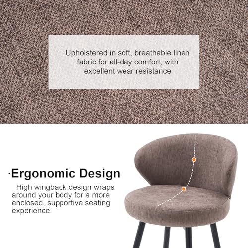 Image of 360 Swivel Modern Bar Stool Set of 4, 26 inch Upholstered Counter Height Bar Stools with Wingback, Soft Linen Fabric, Counter Chairs with Arm for Kitchen Island or Home Bar, Brown