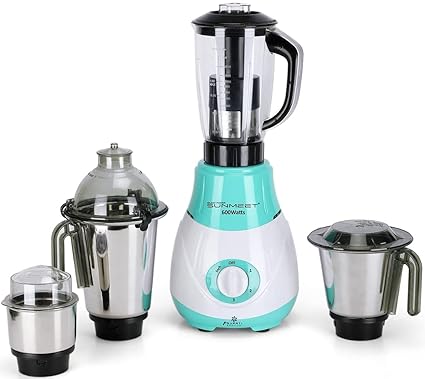 SilentPowerSunmeet Riaa 600W Mixer Grinder with 3 SStainless Steel Jars and 1 Juicer Jar (1 Wet Jar, 1 Dry Jar and 1 Chutney Jar), Green-White.Make in India(ISI Certified)