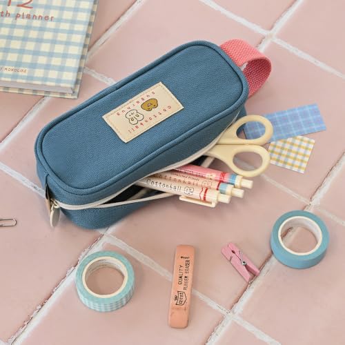 Image of Monolike Unmatched Friends Butter Pencil Case, Blue - Structured Square Desk Organizer, Large Capacity Aesthetic Stationery Pouch & Makeup Brush Bag