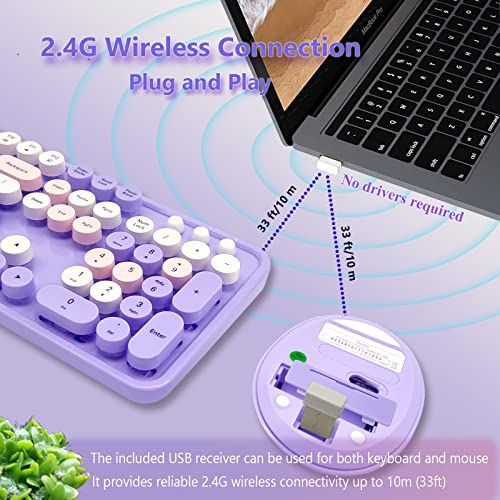 Image of Purple Retro Typewriter Wireless Keyboard and Mouse Combo for Home Office | Full Size Cute Vintage Round Bubble Keycaps, Ergonomic Aesthetic Colorful Keyboard Mouse Set for Long Nails Laptop Desktop PC
