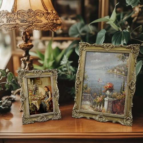 Image of eletecpro 5x7 Vintage Picture Frame with Real Glass Cover, Ornate Antique Photo Frame, Display 5x7 Picture for Tabletop or Wall Hanging Horizontal & Vertical, Gold Home Decor for Gallery Art