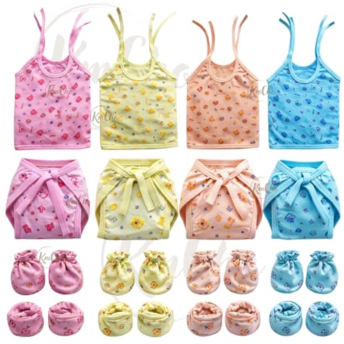 Image of KmCho Soft & Comfy New born Baby Mittens, Jhabla, Nappy, Cap Combo Set - 100% Cotton, Gentle on Newborn Skin, Unisex, Must-Have Baby Essentials for 0-6 Months