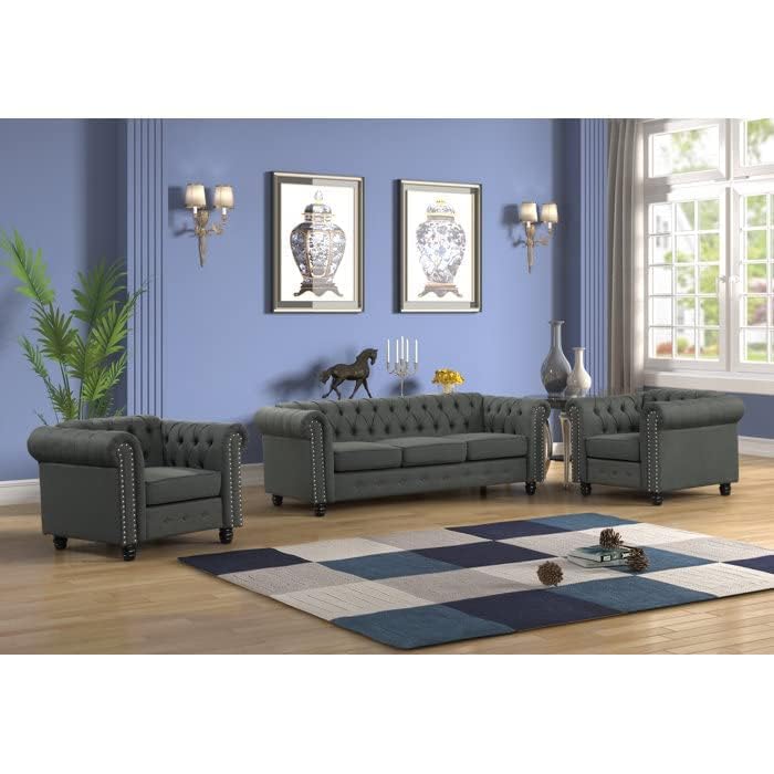 Image of 3 +1 +1 Seater Luxary Velvet Tuffted Round Arm Designed Sofa Set for Living Room, Hallways, Offices, Bedroom (Grey)
