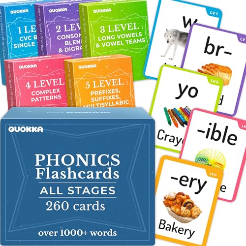 QUOKKA 1000+ Phonics Words Flash Cards for Kids Ages 4-8, 20 Reading Stages, 260 Card Games for Kids Ages 3-5 and 6-8