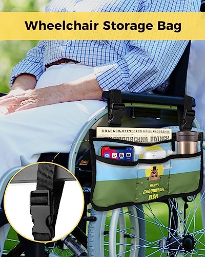 Happy Groundhog Day Wheelchair Side Bag Walker Bag, Cute Groundhog on Grass Wheelchair Accessories Armrest Pouch, Organizer Storage Bag for Walkers, Rollators, Scooters, 7.3''x13''