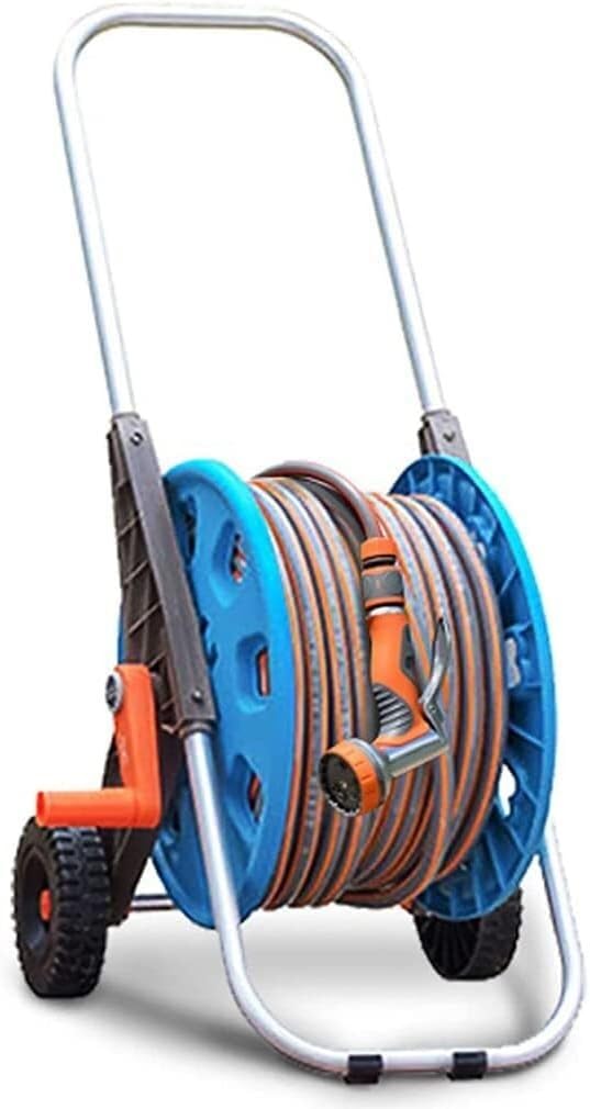 Enrollador de mangueras Carro portamangueras, Carro portamangueras con Ruedas, Manguera con Boquilla Ajustable for Jardines, céspedes, aceras(50M Hose)