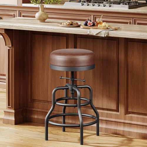 Image of Raynesys 22-29 Inch Adjustable Height Industrial Swivel Bar Stool | Vintage Bar Counter Height Stool with Thicken Premium Bonded Leather Seat & Updated Footrest, Easy Assembly, Brown