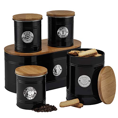 Cooks Professional Kitchen Storage Canister Set 5 Piece Tin Containers for Tea, Coffee, Sugar, Biscuits & Bread with Silver Detailing (Black)