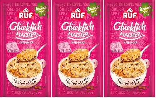 RUF Glücklichmacher Tassenkuchen Schokoletto, saftiger Tassenkuchen mit Schokoladenstückchen, in 90 Sekunden fertig, einfacher Mikrowellenkuchen für spontanen Kuchengenuss, 1 Portion (Packung mit 3)