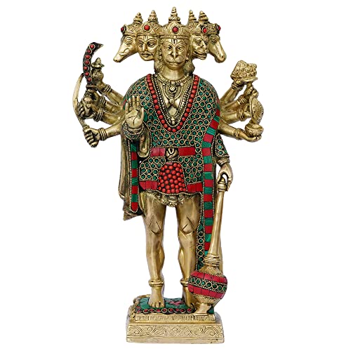 Image of eCraftIndia Golden And Colorful Stone Work Brass Handcrafted Standing Lord Panchmukhi Hanuman Idol, Auspicious Religious God Statue For Home Office, Temple, Gift For Hanuman Jayanti Festival, Devotees