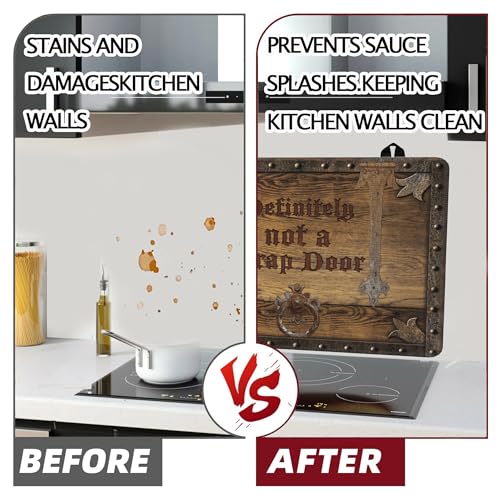 Image of Decorative Wooden Stove Top Cover for Electric Stove 28 inch x 20 inch Funny Trap Door Glass Flat Top Stove Mat Oven Induction Cooktop Mat for Ceramic Countertop Mats Heat-Resistant Dish Drying Mat