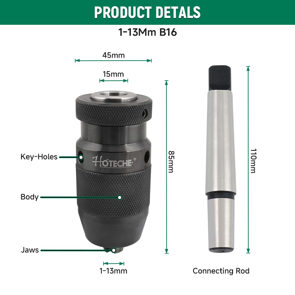 Hoteche 13 mm self-tensioning drill coils, B16 pin hole connection, clamping capacity 1.0-13 mm, in colour box - Image 2