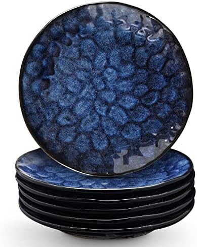 vicrays Ceramic Dinner Plates Set, 10.5 Inch, Set of 6, Round, Microwave, Oven, Dishwasher Safe, Scratch Resistant, Porcelain Fluted Suitable for Steak, Pasta, Pizza, Home, Party, Restaurant (Blue)