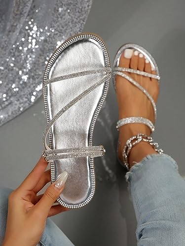 Image of GORGLITTER Women's Rhinestone Sparkly Metallic Strappy Flat Sandals Cute Toe Slip on Slide Sandals