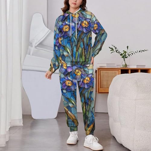 Boys Girls Pullover Hoodie and Pants Outfit 2PCS Set Sweatshirt for Kids, Bluebell Stained Glass Art2