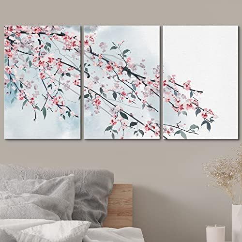 wall26 - 3 Panel Canvas Wall Art - Ink Painting Style Pink Cherry Blossom on The Branch - Giclee Print Gallery Wrap Modern Home Art Ready to Hang - 16"x24" x 3 Panels - 2