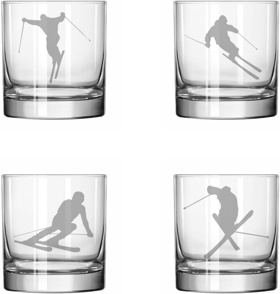 MIP Set of 4 Glass 11 oz Rocks Whiskey Glass Gift Ski Skier Collection