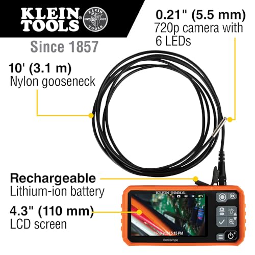Image of Klein Tools ET17 Utility Borescope with 5.5 mm 9.8-Foot Waterproof Gooseneck Snake, LEDs, 4.3-Inch LCD, Attachments, Endoscope Inspection Camera
