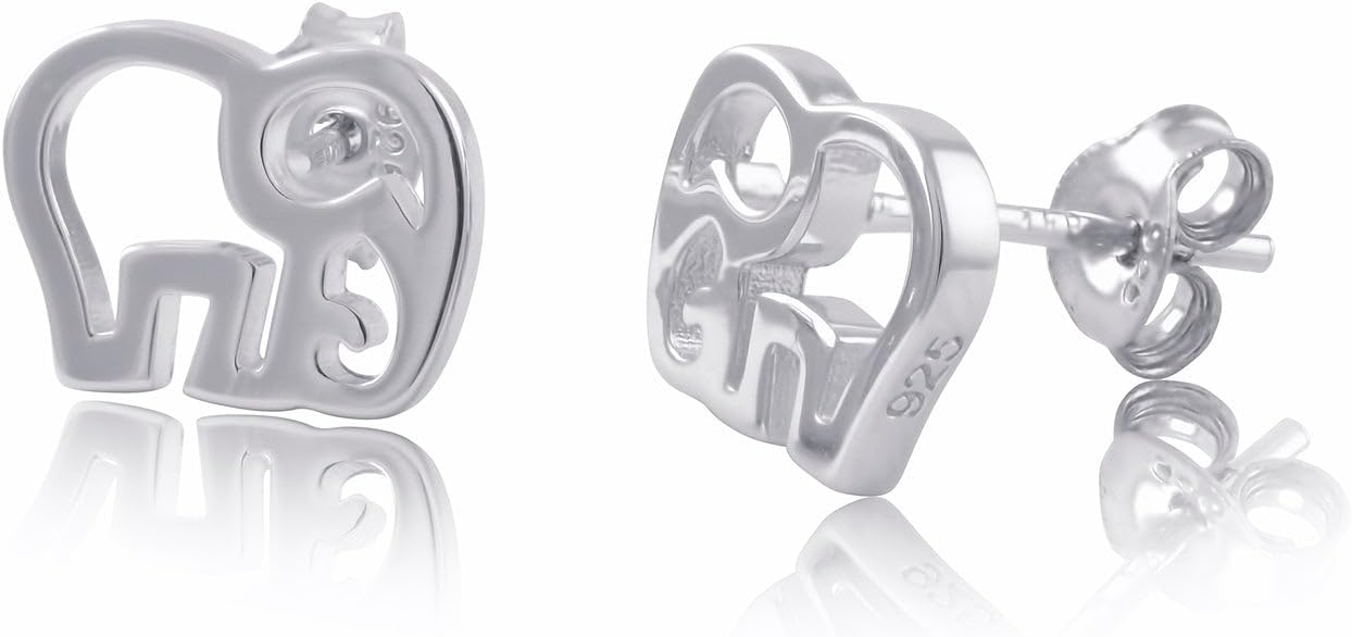 Rhodium Plated Sterling Silver Ladies Lucky Elephant Stud Earrings - Gifts for Mom Wife Girlfriend
