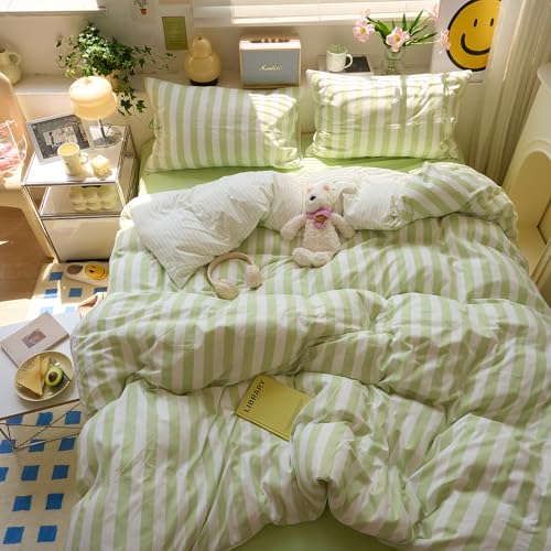 Image of VM VOUGEMARKET Striped Duvet Cover Set Queen Teens Boys Girls Dorm Bedding Set Soft Lightweight Reversible Microfiber Farmhouse Duvet /Quilt Cover-90 x90,Green White