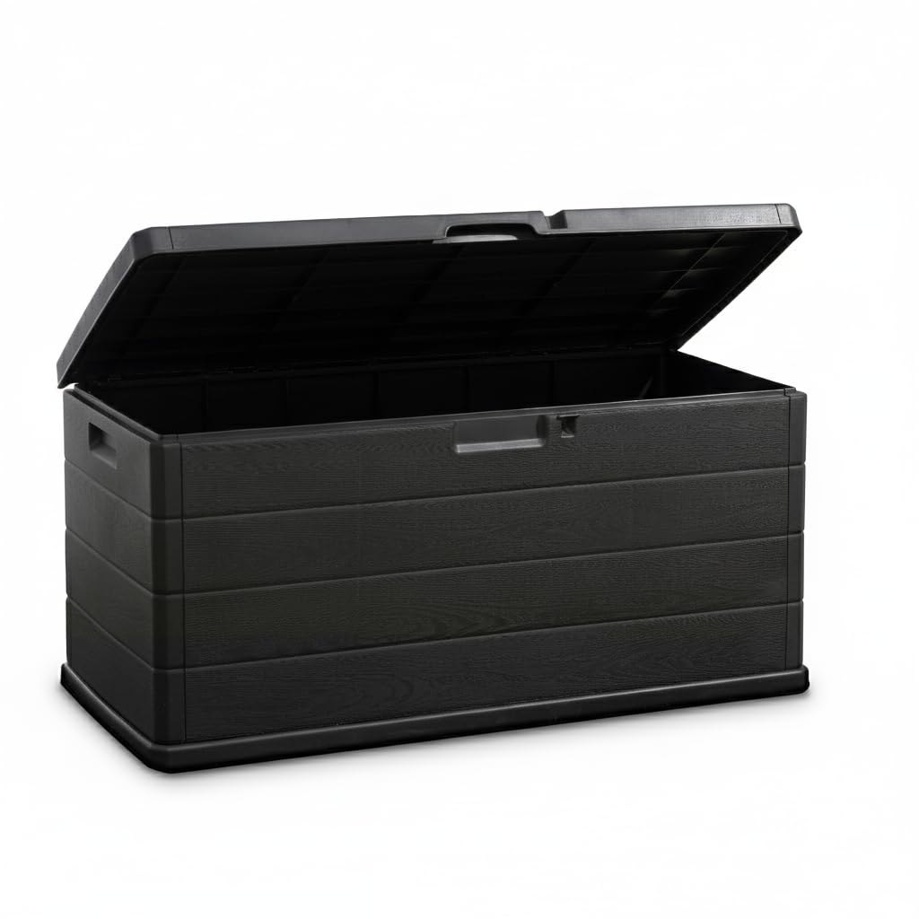 idooka Large Garden Storage Box with Lid - 340L Lockable Plastic Outdoor Storage for Parcels, Cushions, Tools, Logs and More - Grey, Water-Resistant Deck Box for Garden or Garage