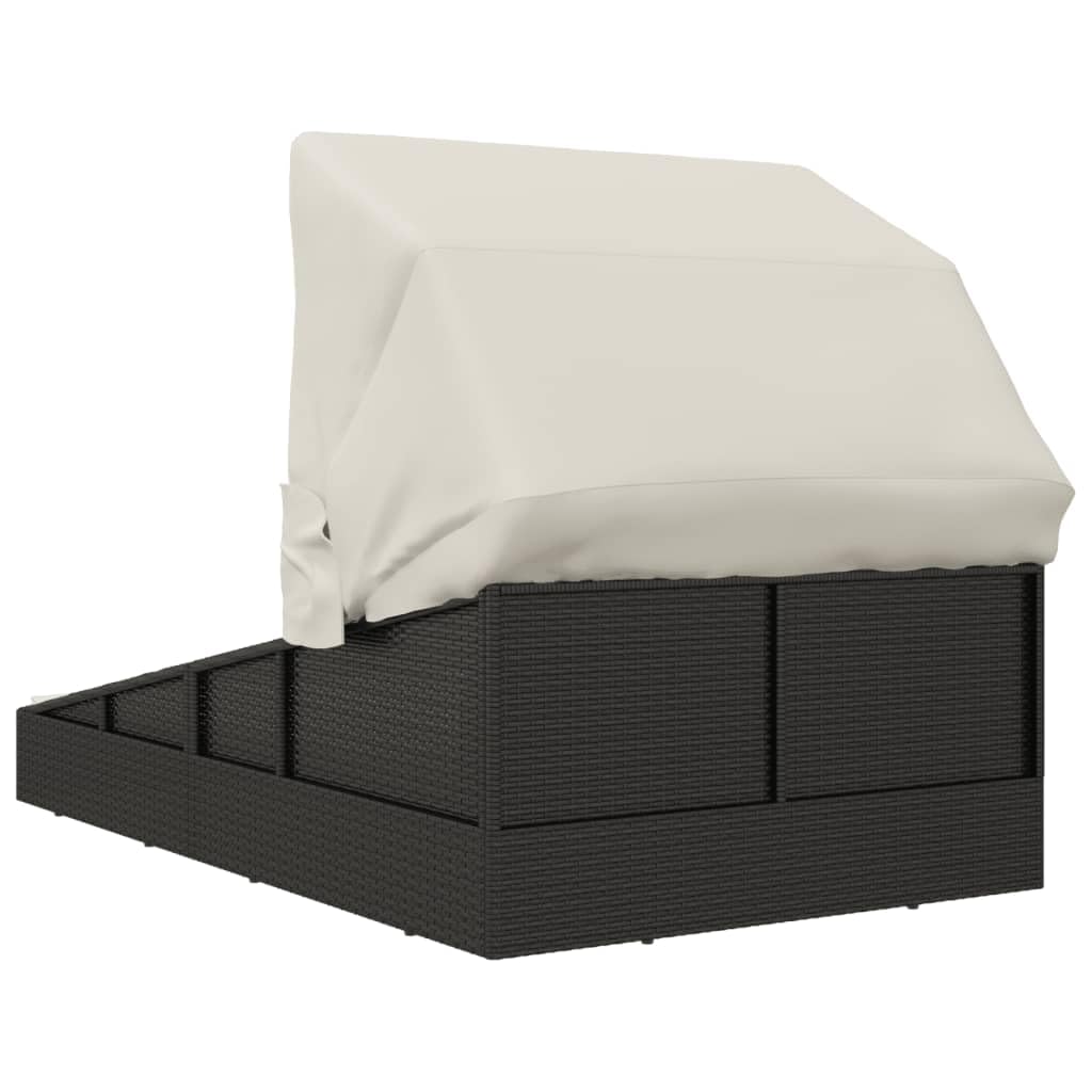Lettino da giardino con tetto pieghevole, nero, 200 x 114 x 128 cm, in polyrattan, con tetto e protezione solare, per terrazza, balcone, piscina, spa, relax all'aperto