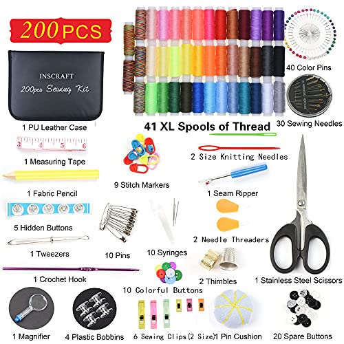 INSCRAFT Sewing Kit, 200 Premium Sewing Supplies, 41 XL Thread Spools, Suitable for Traveller, Adults, Beginner, Emergency, DIY and Home by INSCRAFT