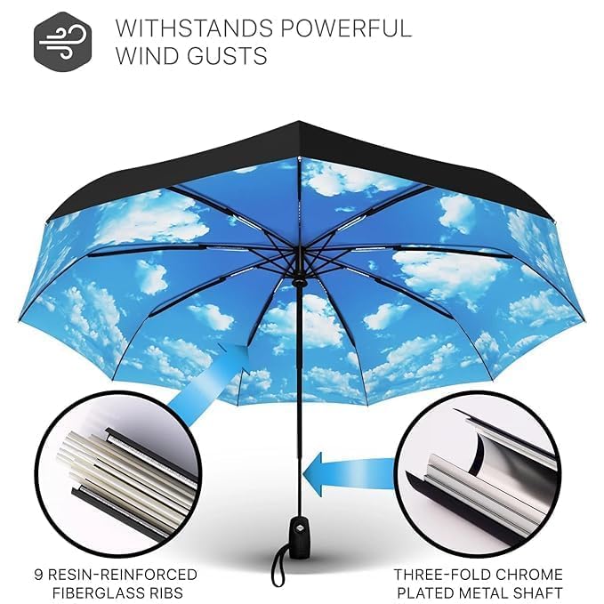 Cloudsell Umbrella for Rain, Windproof Small Umbrellas with UV Protection, Autometic 3 Foldable Travel Umbrella for Men, Women, Kids, Girls (Sky) 1