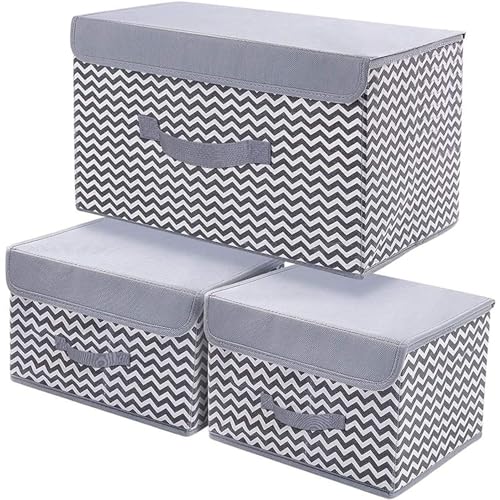 Image of PRANIJ 3 Set Foldable Storage Box Organiser with Lid, Versatile Storage Basket Bins for Wardrobe, Clothes, Toys, Books, and Other Supplies, 1 Large & 2 Small (Wave - Grey)