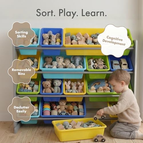 Image of Humble Crew Toy Storage Organizer with 16 Removable Storage Bins for Kids Playroom, 4-Tier Toddler Toy Organization and Storage, Grey /Blue /Green /Yellow