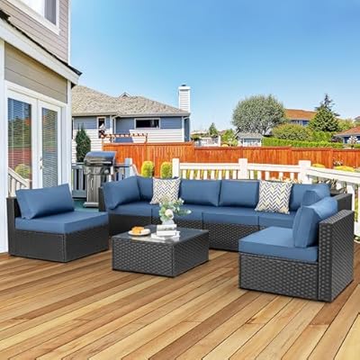 JAMFLY 7 Pieces Outdoor Patio Furniture Sectional Set, Black Wicker Rattan Patio Outdoor Furniture Set with Tea Table Conversation Sets, Aegean Blue